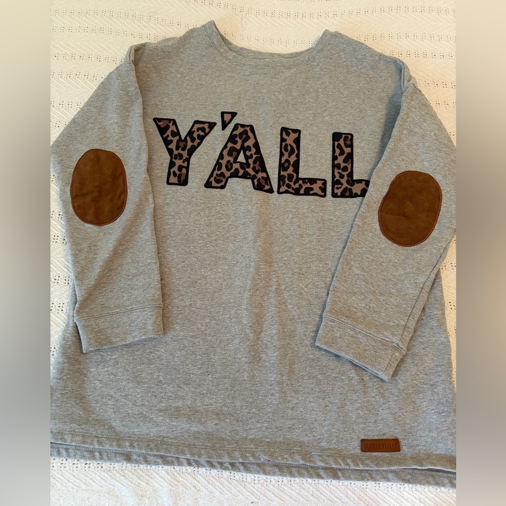 Marleylilly Casual Gray‎ Sweatshirt Brown Elbow Patches Y’all sm/med